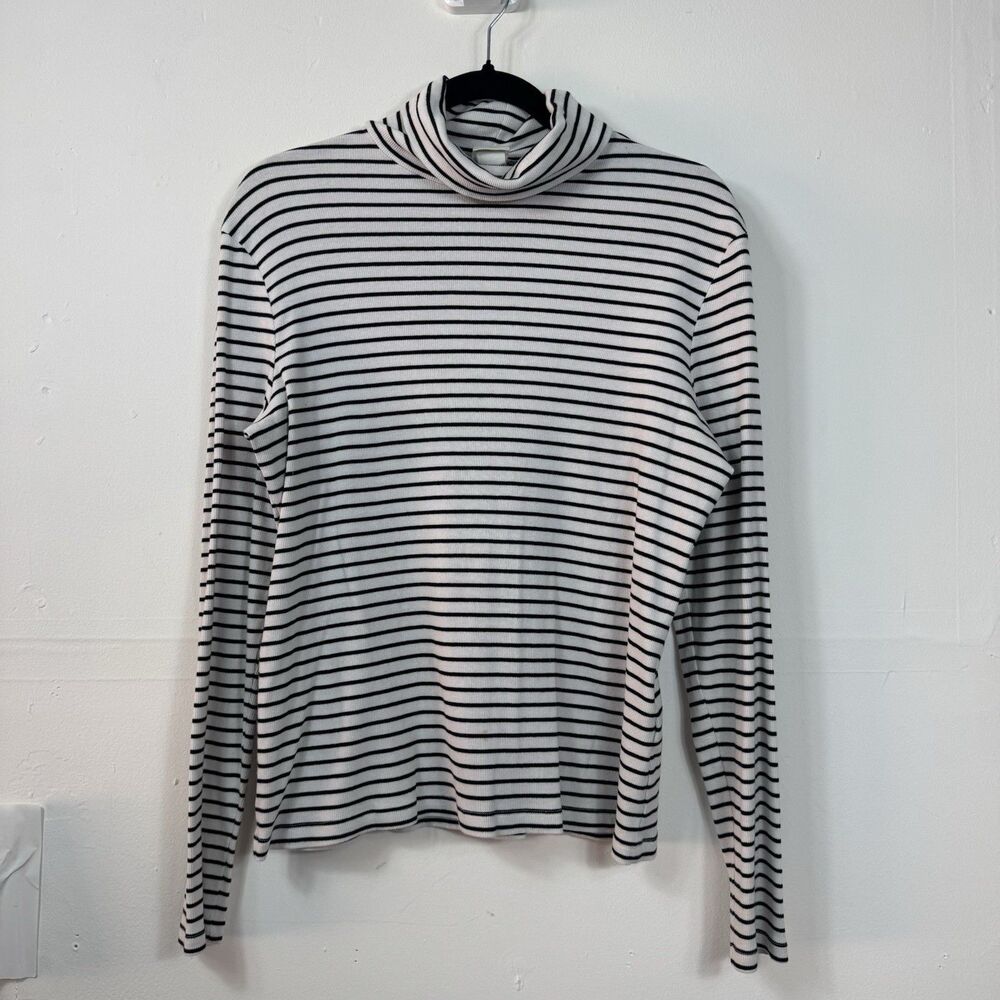 HM Mockneck Long Sleeve Shirt Women's Size L White with Black Stripes Ribbed